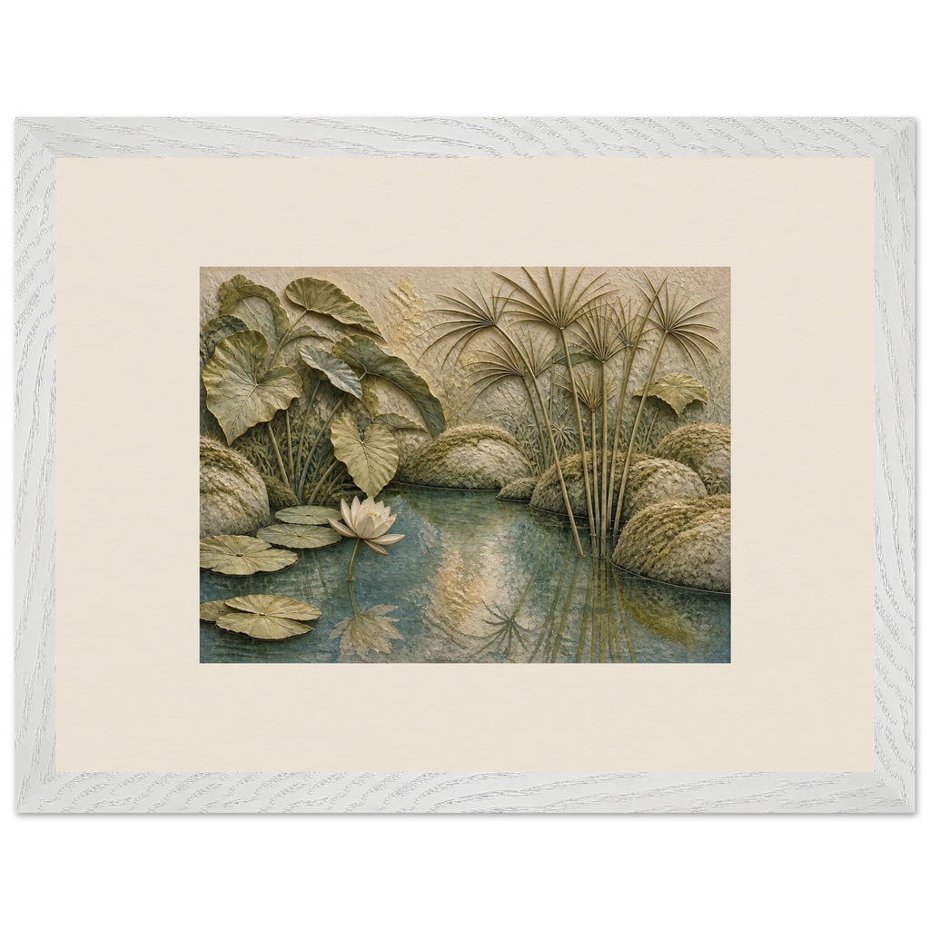 Papyrus Pond: lake, papyrus and serene greens. Framed fine art print, alternate frame and size.