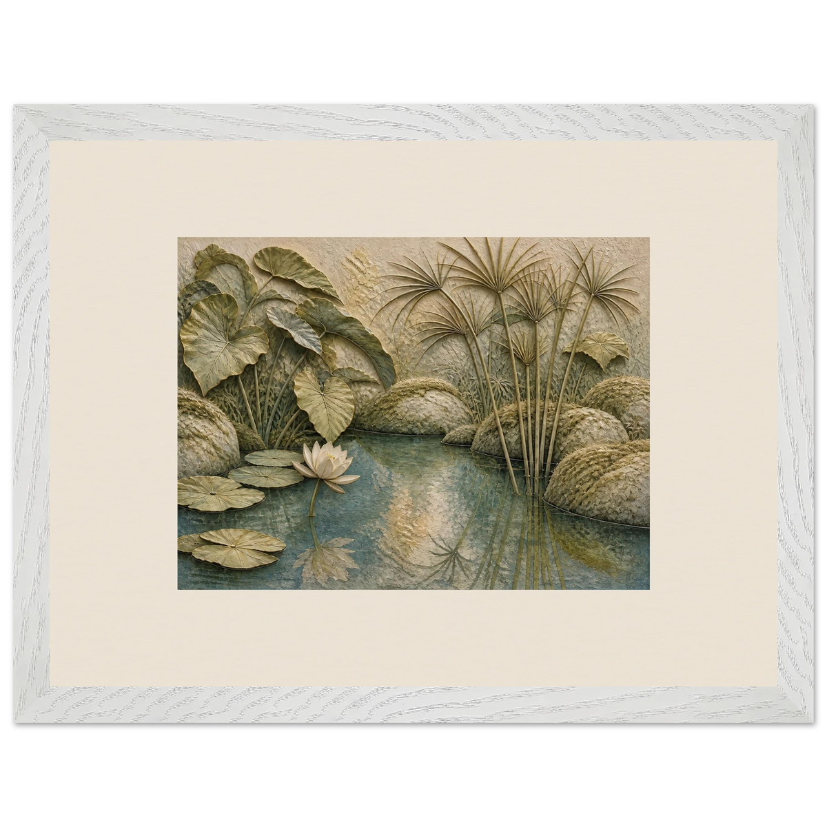 Papyrus Pond: lake, papyrus and serene greens. Framed fine art print, alternate frame and size.