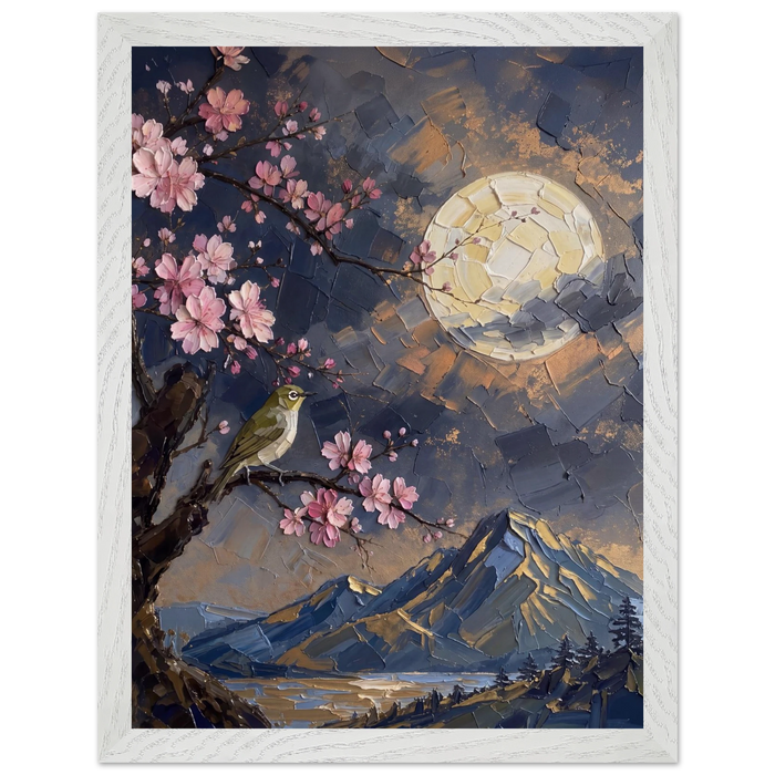 Blossom Moon: cherry blossom, japanese landscape and night. Framed fine art print by The Light Stays.
