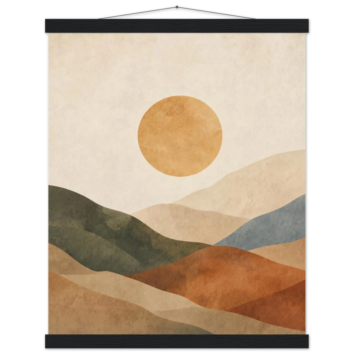 Kindled Earth: sun, hills and ochre palette. Fine art poster with wooden hanger by The Light Stays.