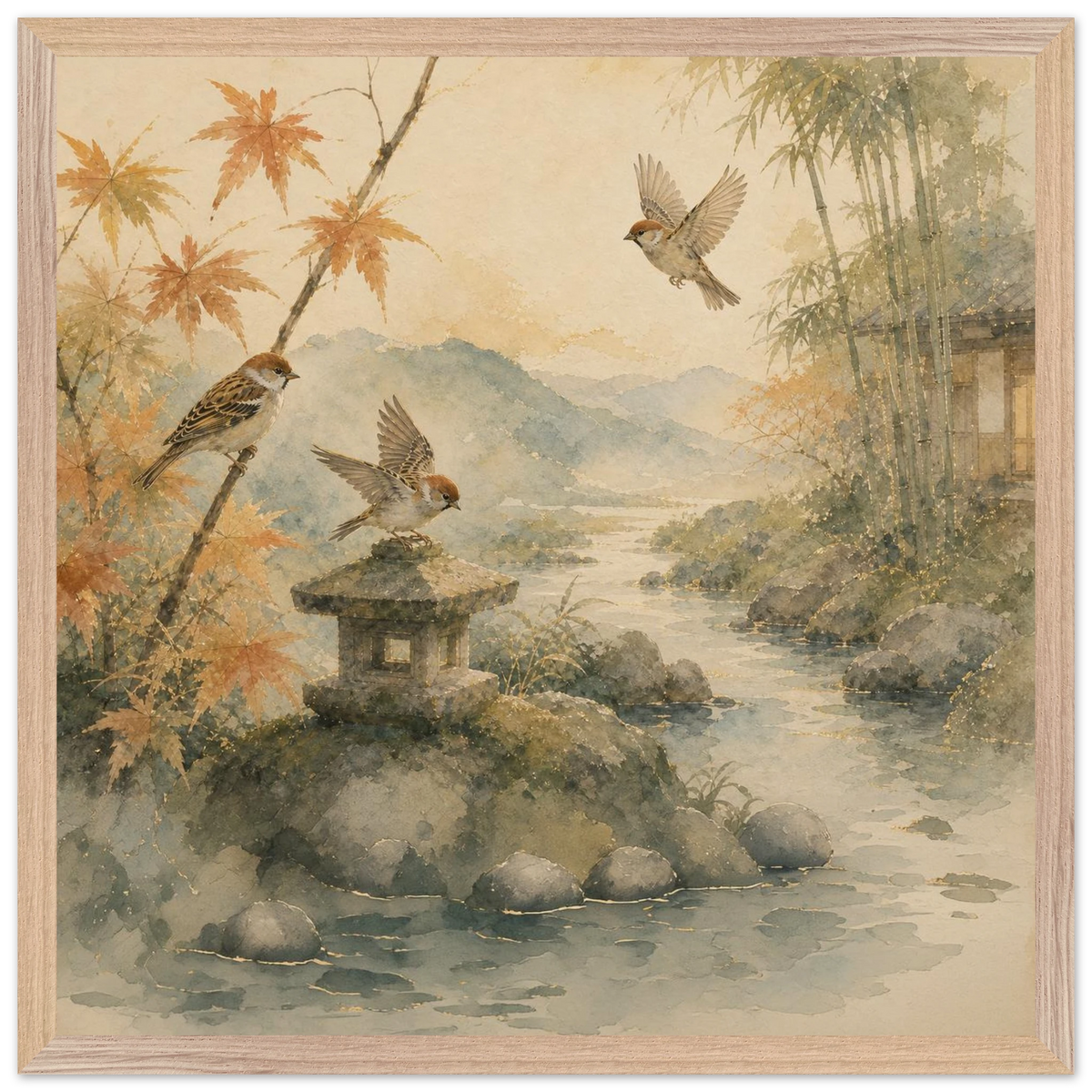 Three Birds Morning: birds, japanese landscape and japandi. Framed fine art print by The Light Stays.