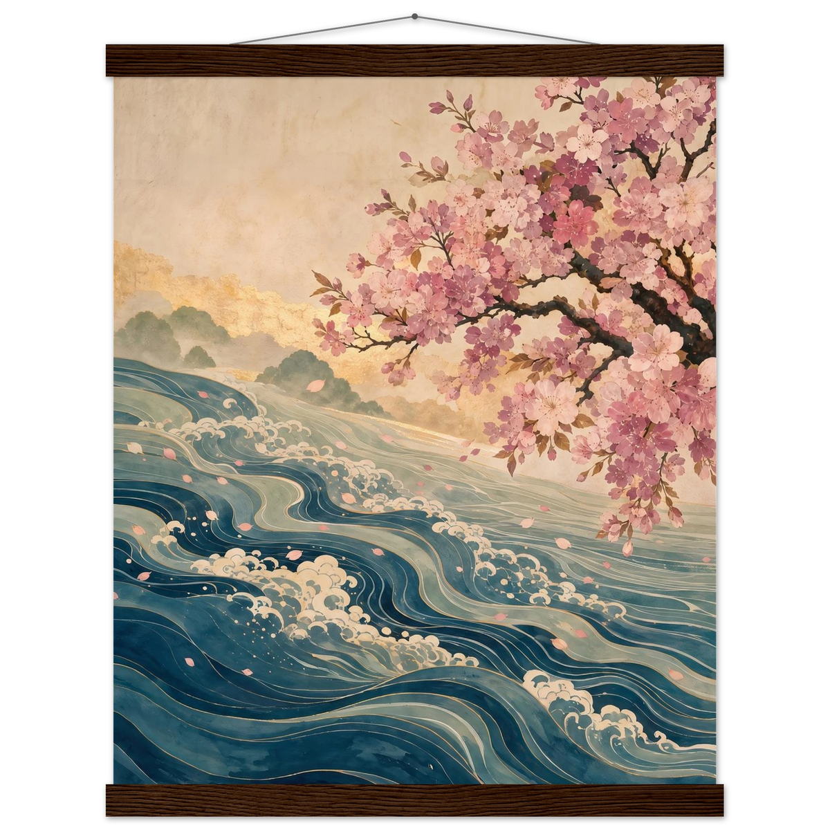 Blossom Tide: japanese art, cherry blossom and wave. Fine art poster with wooden hanger by The Light Stays.