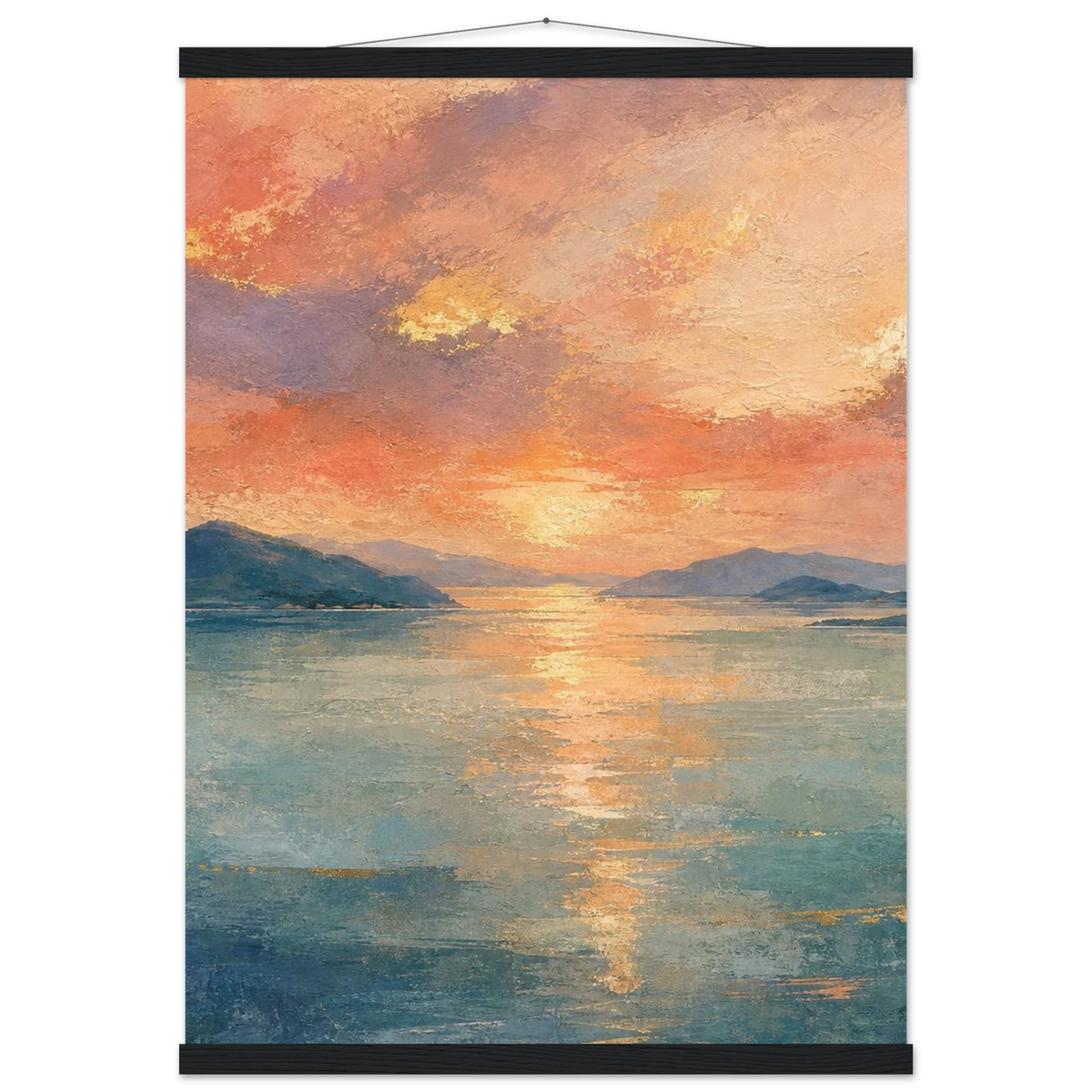 Setouchi Peach Dawn: inland sea, islands and golden reflection. Fine art poster with wooden hanger by The Light Stays.