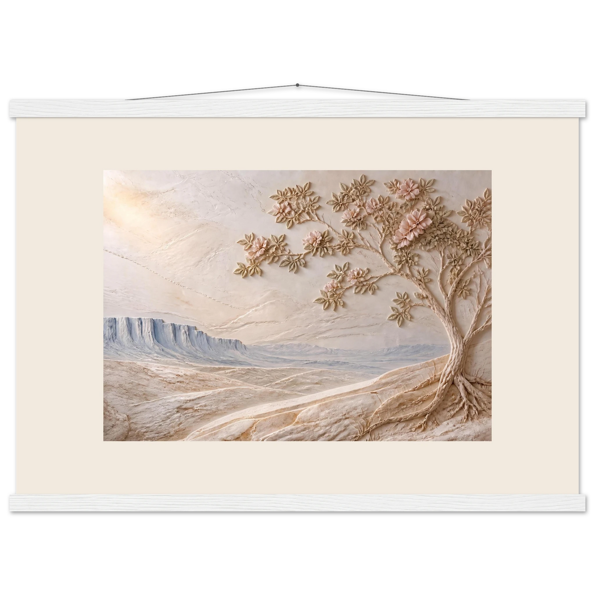 Cliffside Bloom, petra and flora. Archival fine art poster shown framed.