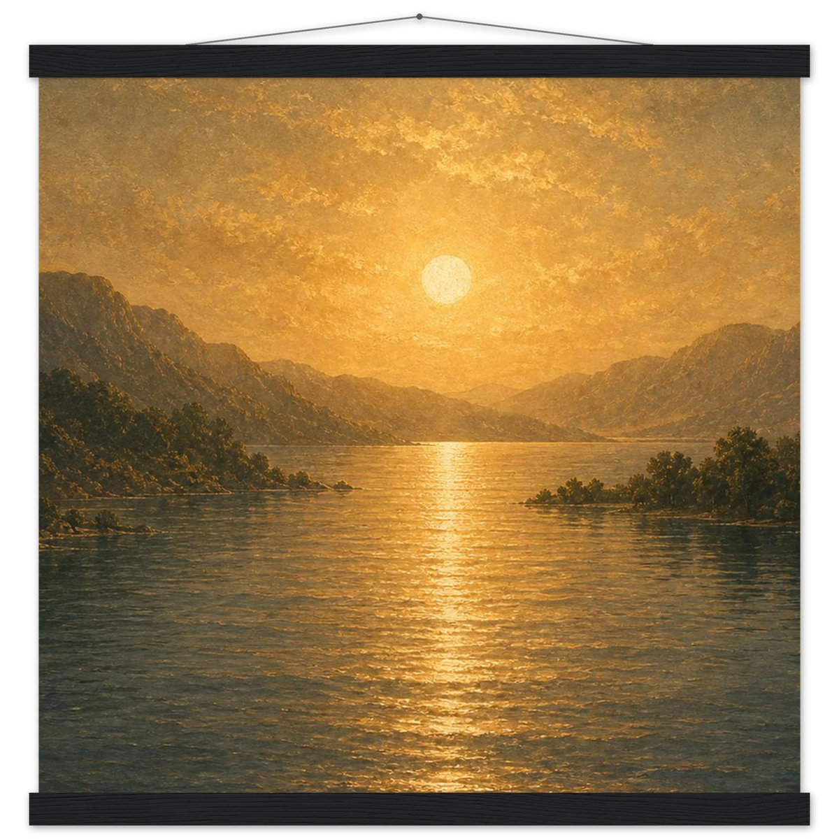 Golden Reflection: lake, sunset and mountains. Fine art poster with wooden hanger by The Light Stays.