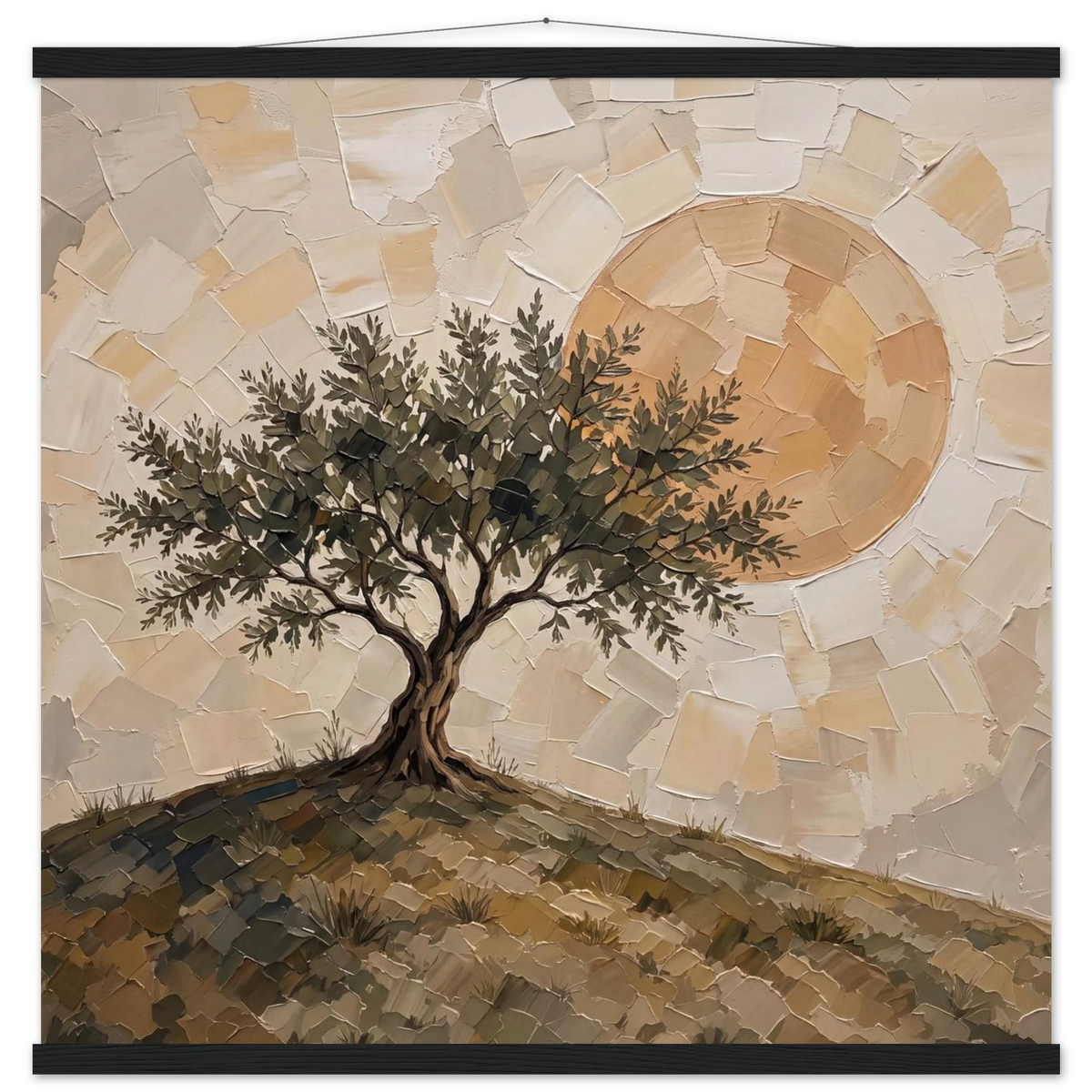 Olive Noon: hills, botanical and golden tones. Fine art poster with wooden hanger by The Light Stays.