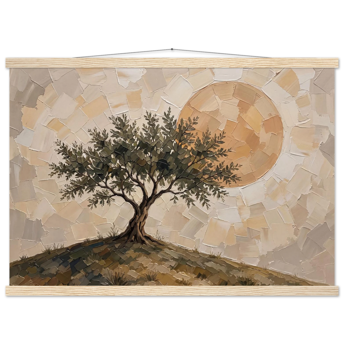 Olive Noon: hills, botanical and golden tones. Fine art poster with wooden hanger by The Light Stays.