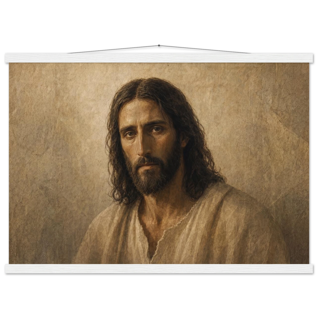 Pôster Kind Eyes com suporte de madeira, retrato sereno de Jesus em luz quente