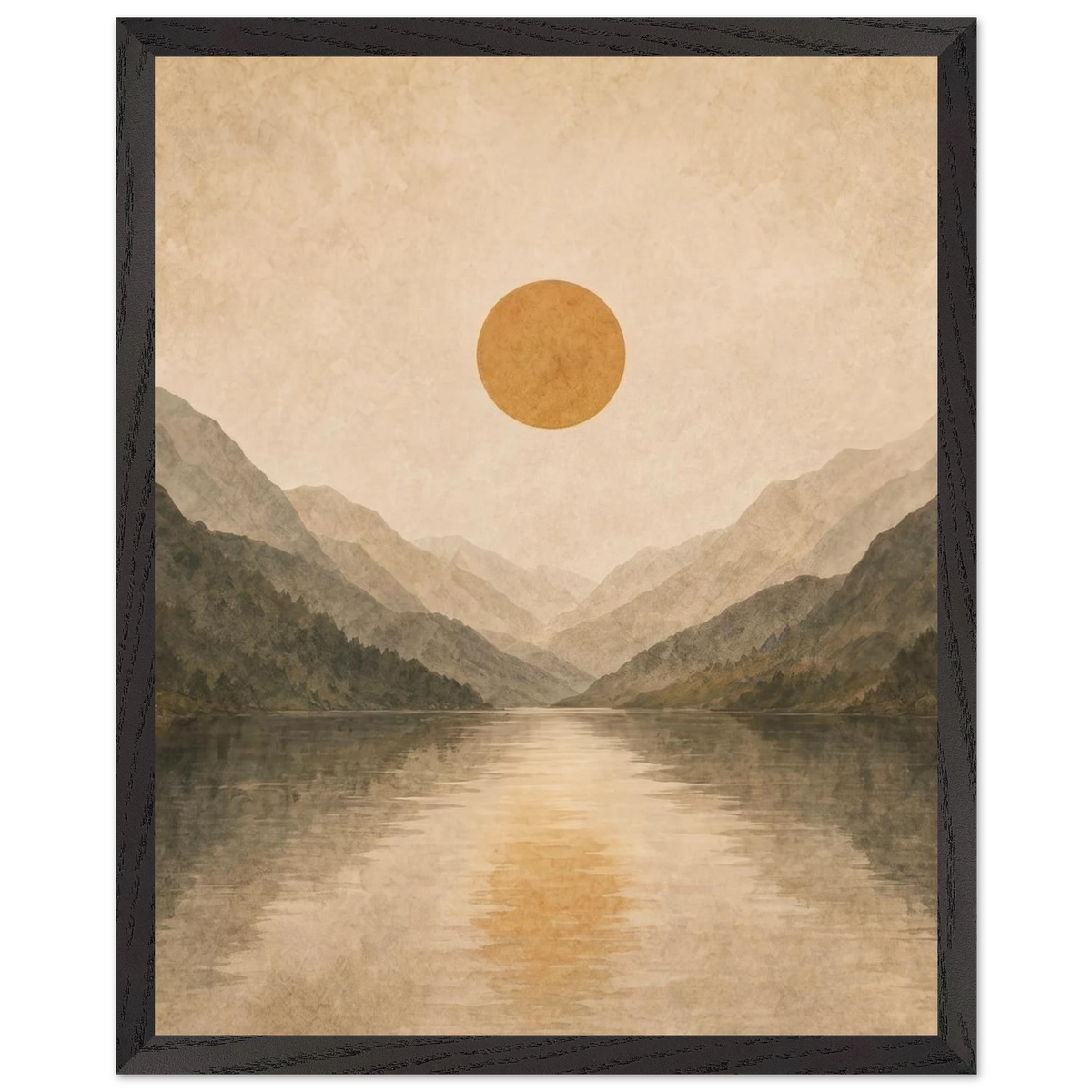Lake Mirror: mountains, sunset and sun reflection. Framed fine art print by The Light Stays.