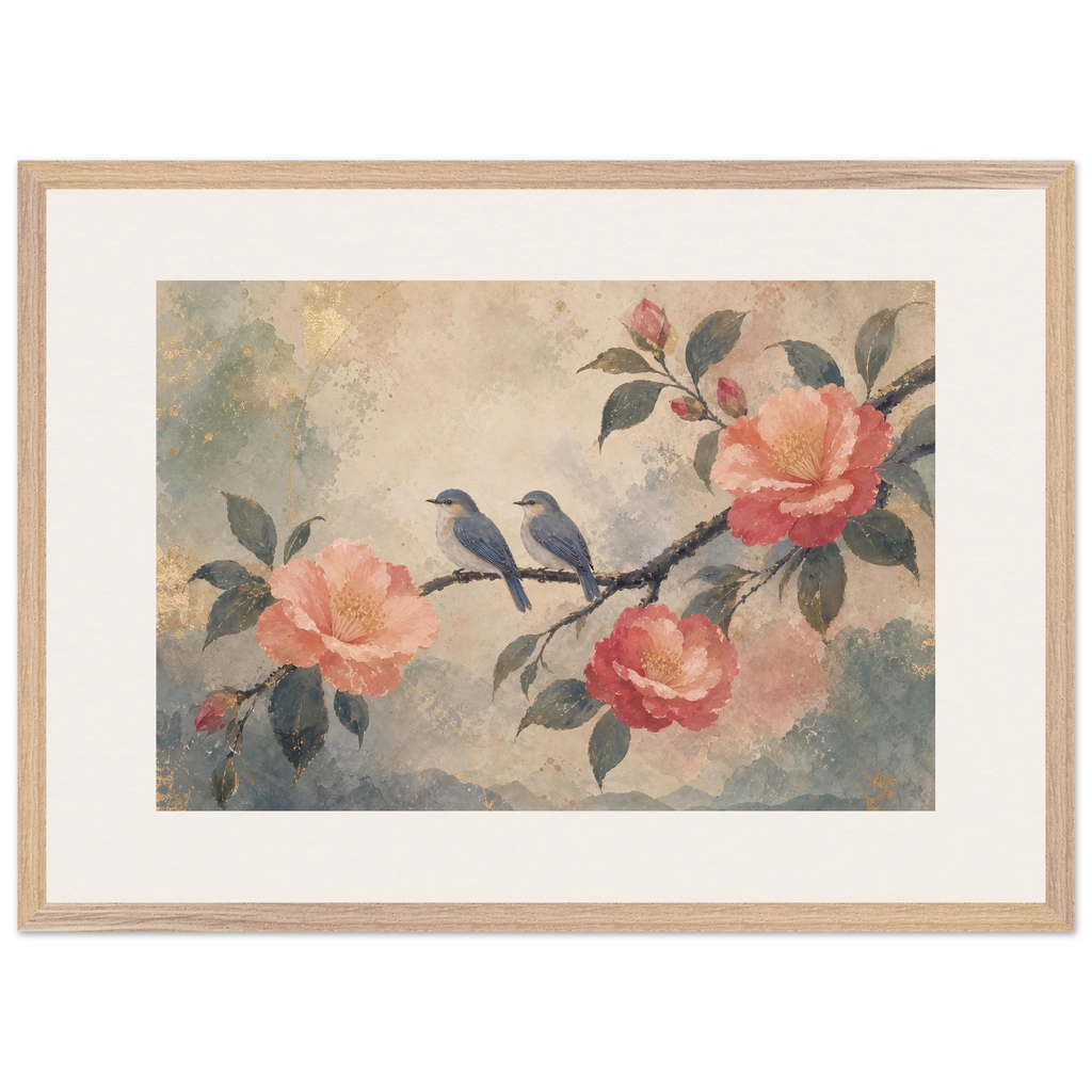 Camellia Birds, flowers and botanical. Archival framed fine art print shown framed.