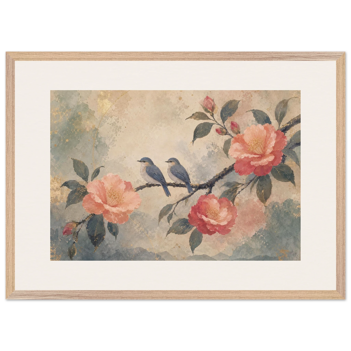 Camellia Birds, flowers and botanical. Archival framed fine art print shown framed.