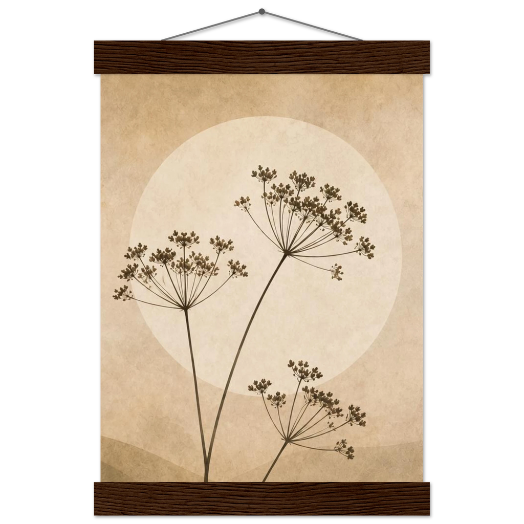 Pôster Wild Stems com suporte de madeira, hastes botânicas suaves em composição circular