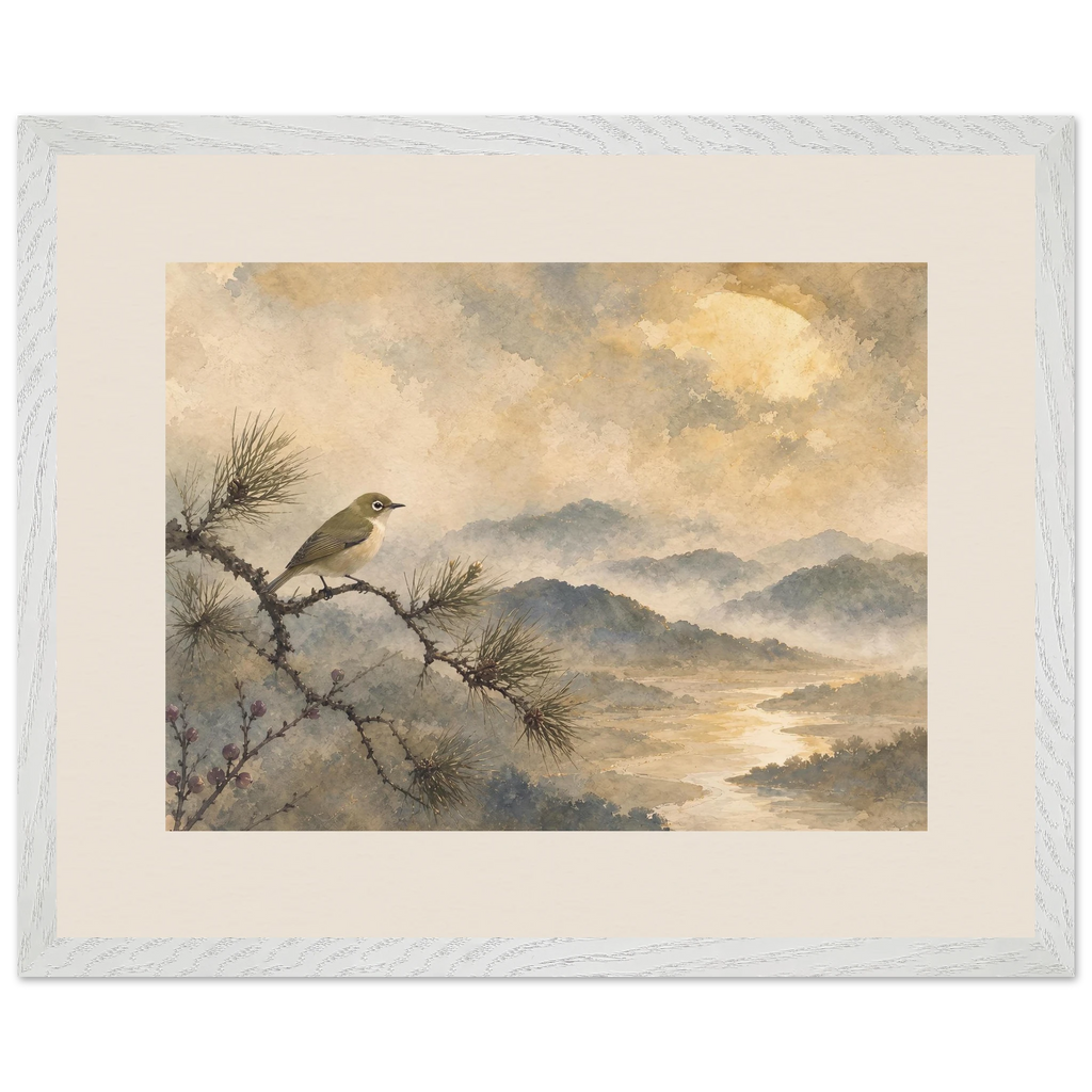 Golden Moon Bird: japanese art and japandi. Museum-quality framed fine art print.