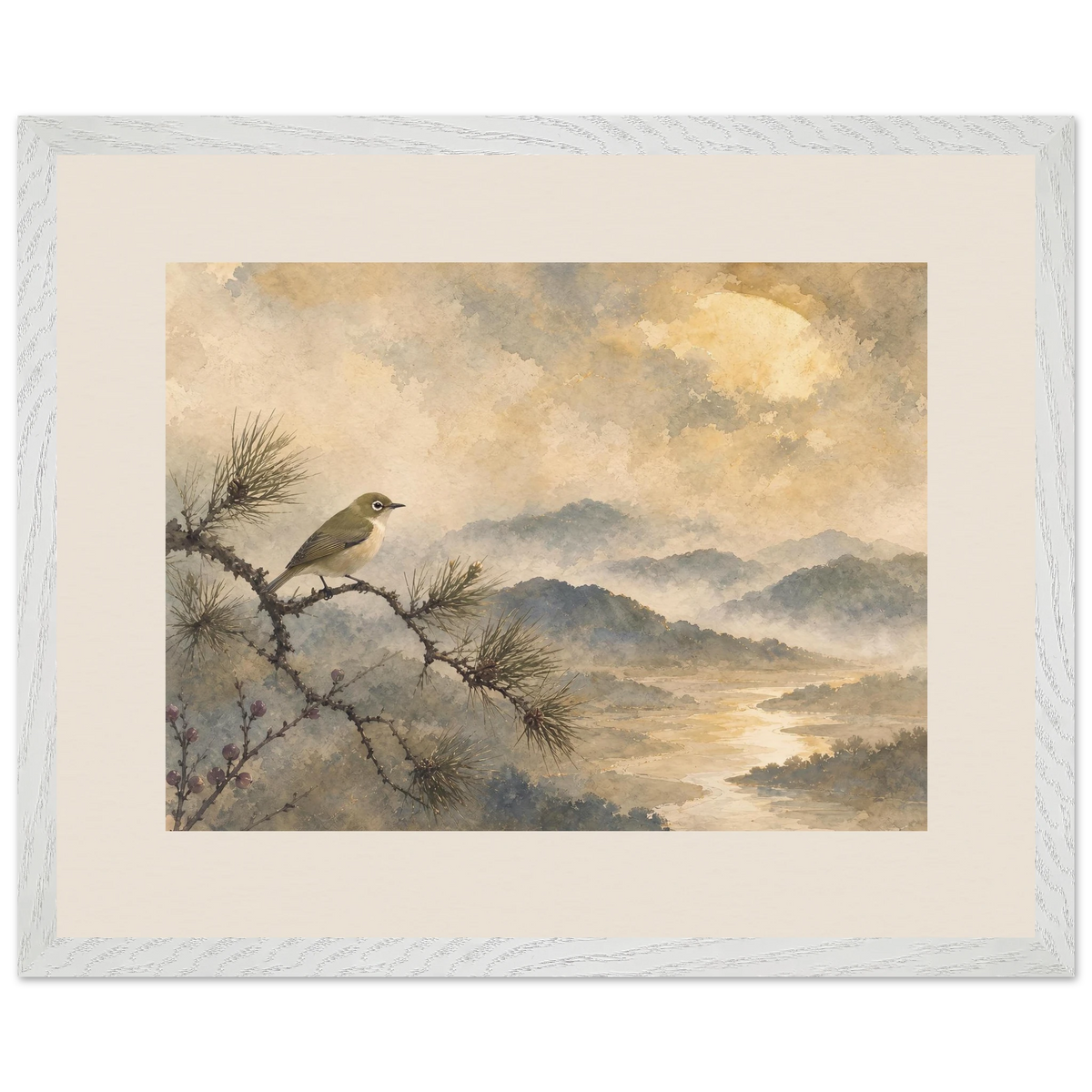 Golden Moon Bird: japanese art and japandi. Museum-quality framed fine art print.
