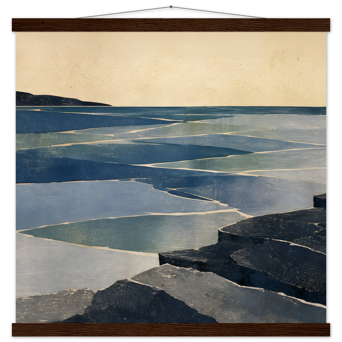 Indigo Tide: coastal landscape, jade water and japandi. Fine art poster with wooden hanger by The Light Stays.
