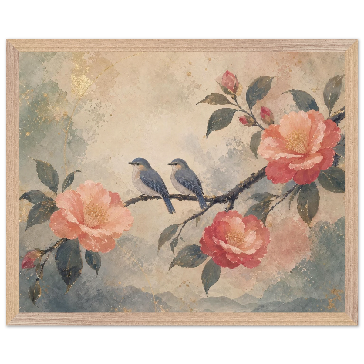 Camellia Birds: flowers and botanical. Framed fine art print, alternate frame and size.