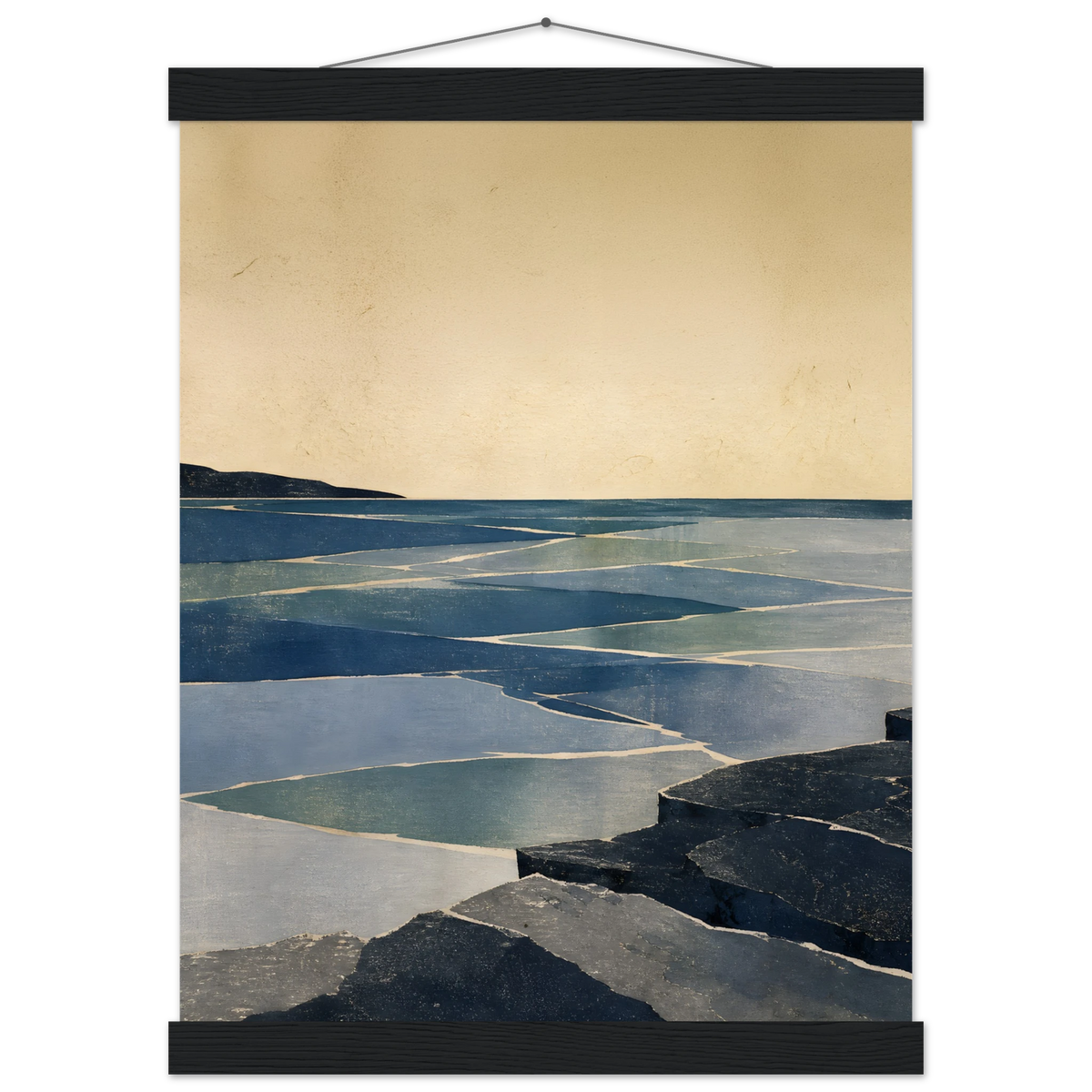 Indigo Tide: coastal landscape, jade water and japandi. Fine art poster with wooden hanger by The Light Stays.