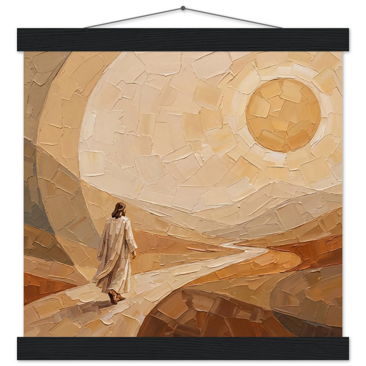 Lightfall: jesus, landscape and golden tones. Fine art poster with wooden hanger by The Light Stays.