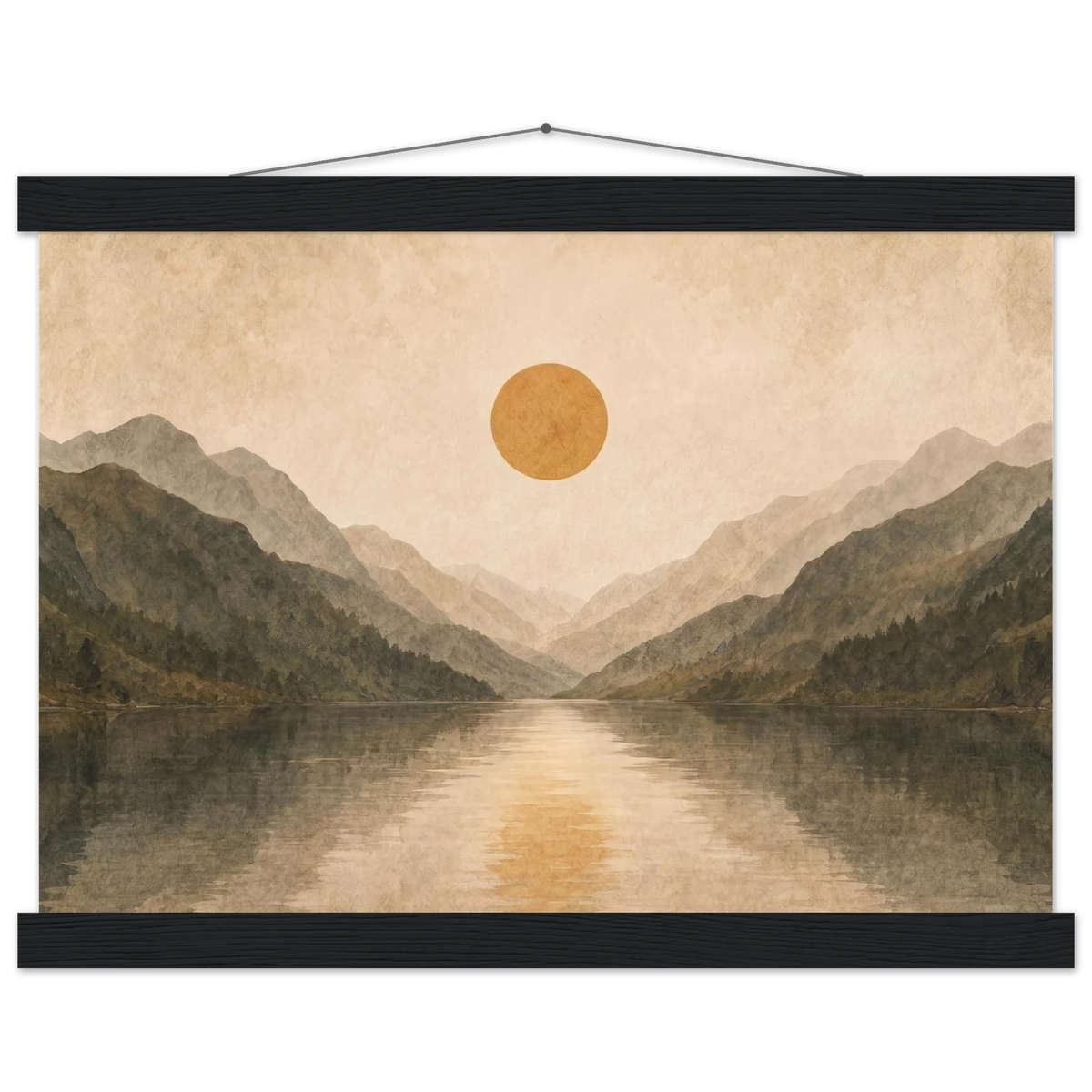 Lake Mirror: mountains, sunset and sun reflection. Fine art poster with wooden hanger by The Light Stays.