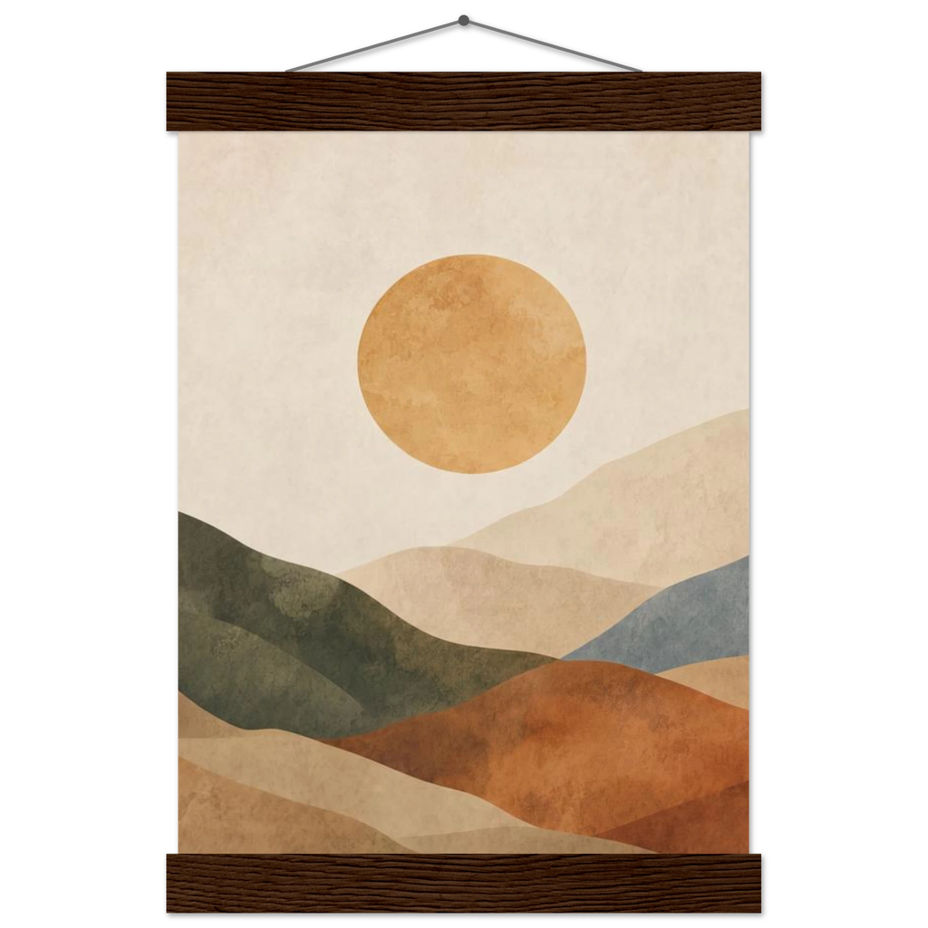 Pôster Clay Sun com suporte de madeira, sol quente sobre colinas em tons de terra
