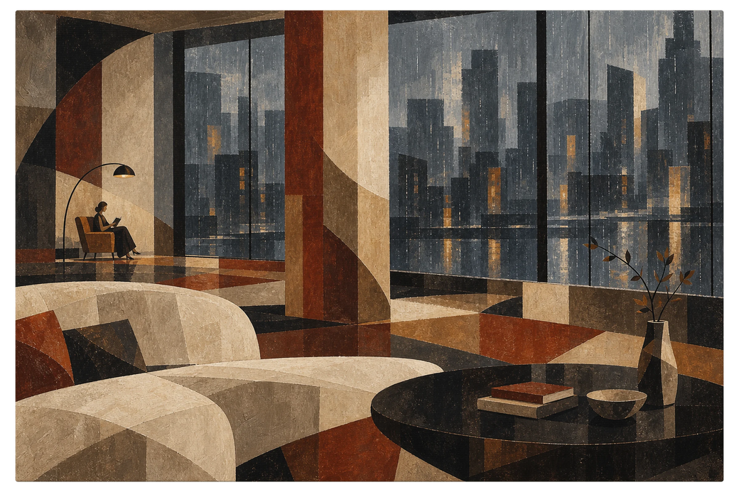 Warm apartment interior at night, one figure reading under a lamp, wet city skyline filling the tall windows, shown as the object on gallery canvas, no frame