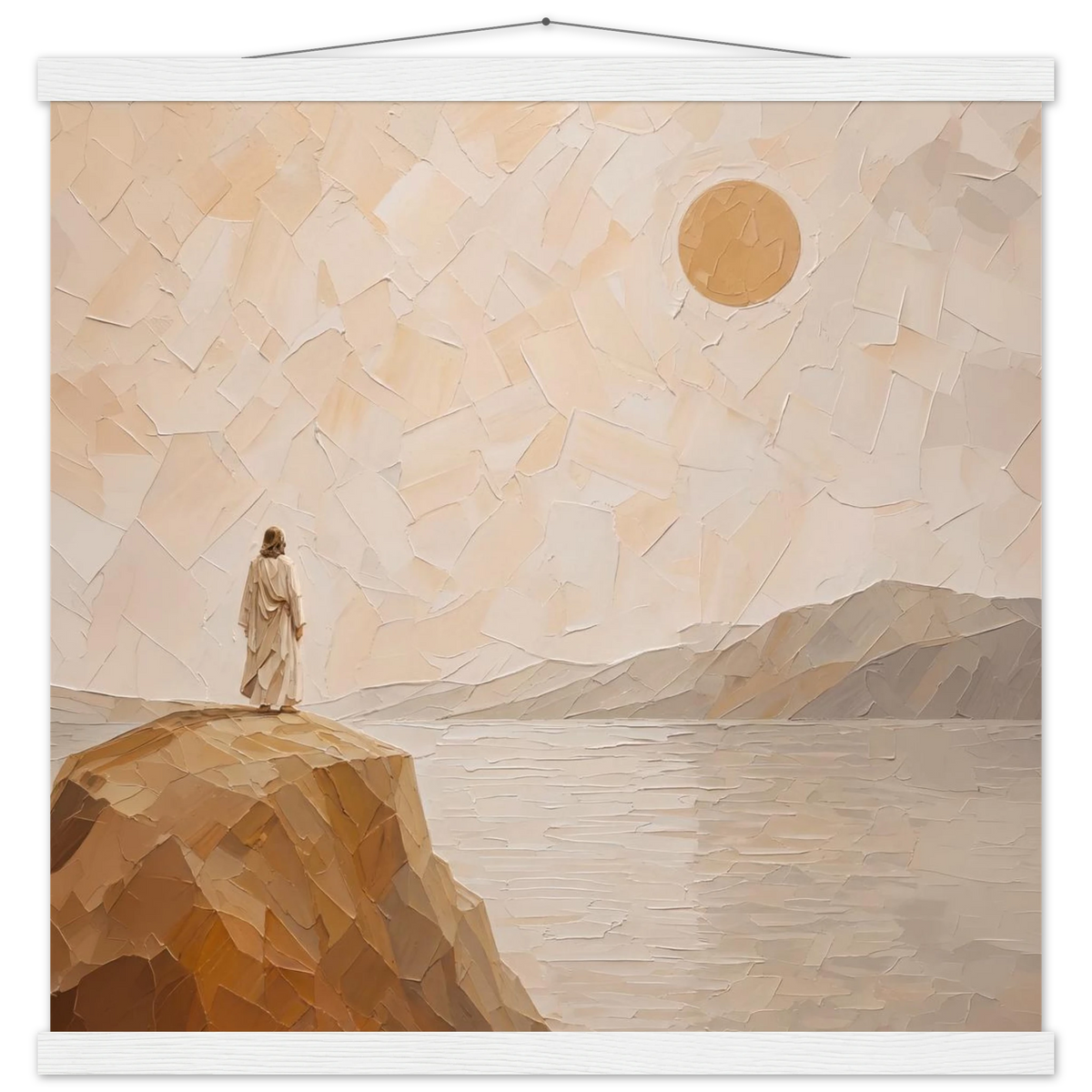 Salt Shore: jesus, cliff and sea. Fine art poster with wooden hanger by The Light Stays.