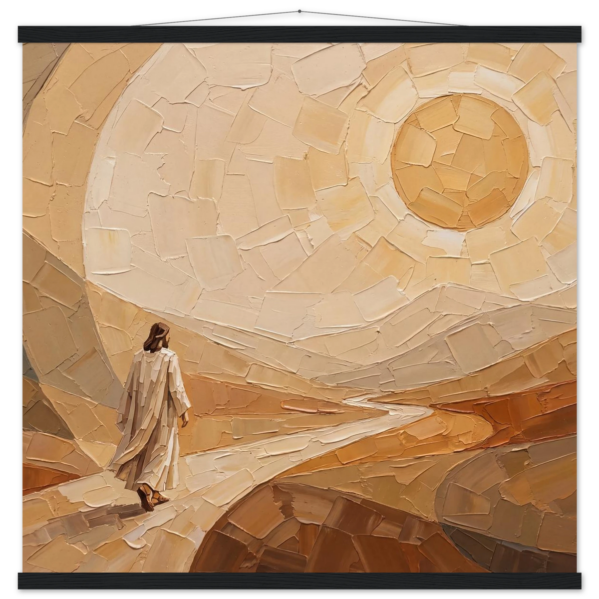Lightfall: jesus, landscape and golden tones. Fine art poster with wooden hanger by The Light Stays.