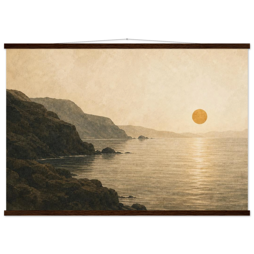 Pôster Amber Coast com suporte de madeira, pôr do sol em tons quentes sobre a costa