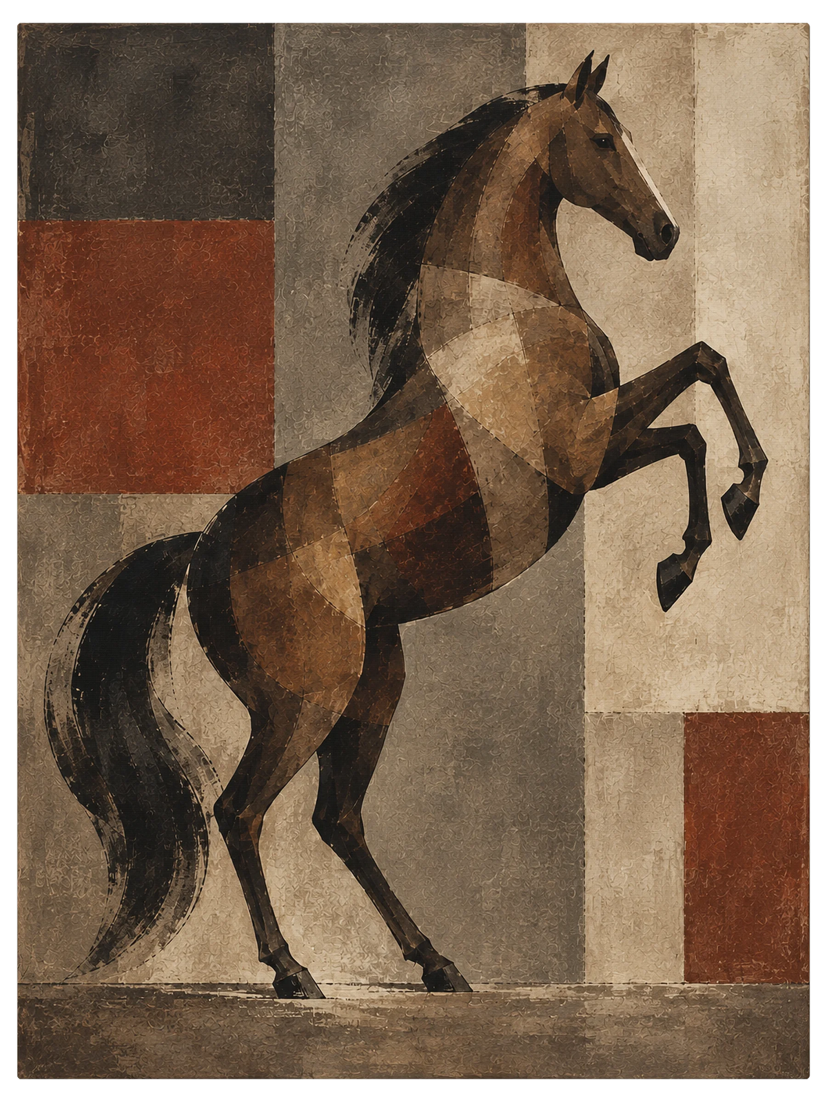 Dark bay horse rearing with both forelegs lifted and tail sweeping down, against flat blocks of rust and gray, shown as the object on gallery canvas, no frame