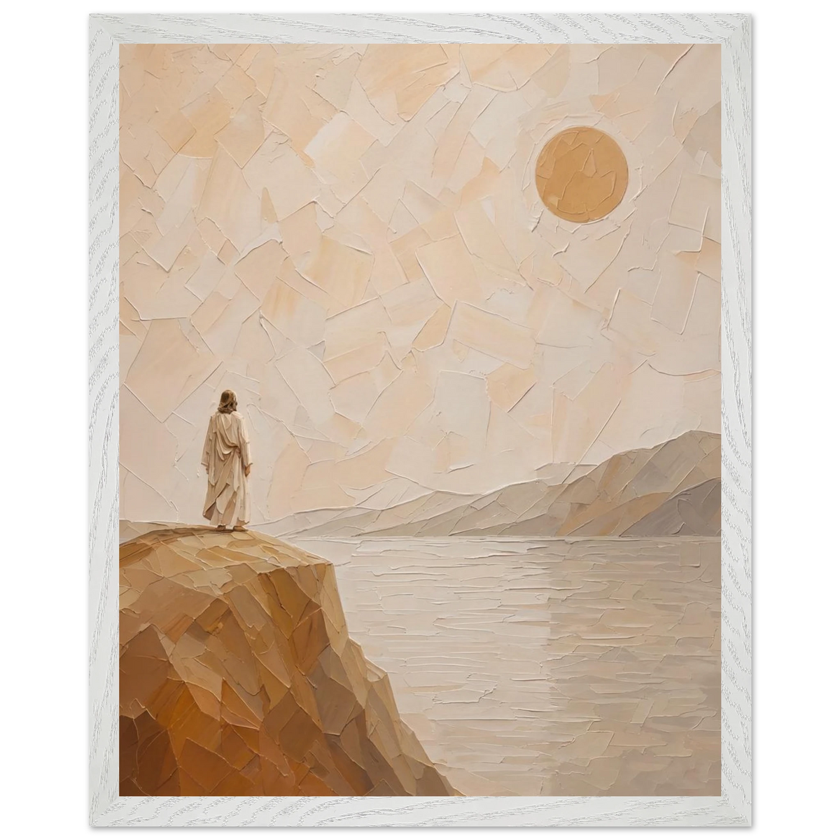 Salt Shore: jesus, cliff and sea. Framed fine art print by The Light Stays.