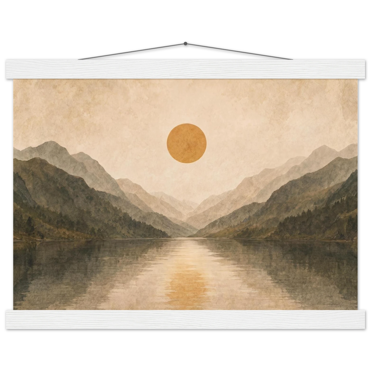 Lake Mirror: mountains, sunset and sun reflection. Fine art poster with wooden hanger by The Light Stays.
