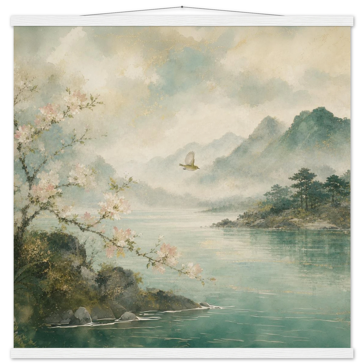 Celadon Flight: birds, japanese landscape and japandi. Fine art poster with wooden hanger by The Light Stays.