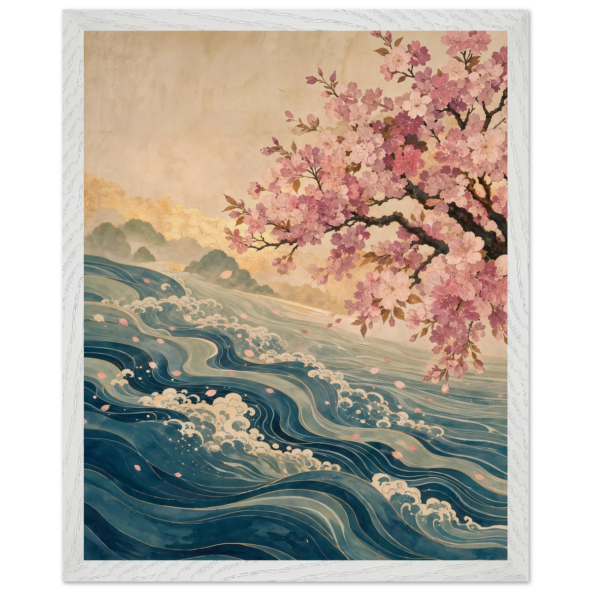 Blossom Tide: japanese art, cherry blossom and wave. Framed fine art print, alternate frame and size.