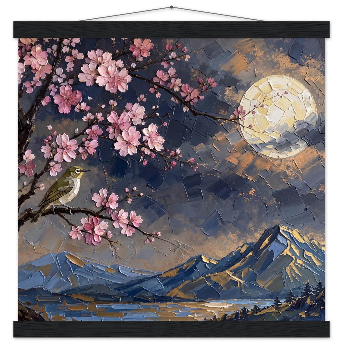 Blossom Moon: cherry blossom, japanese landscape and night. Fine art poster with wooden hanger by The Light Stays.