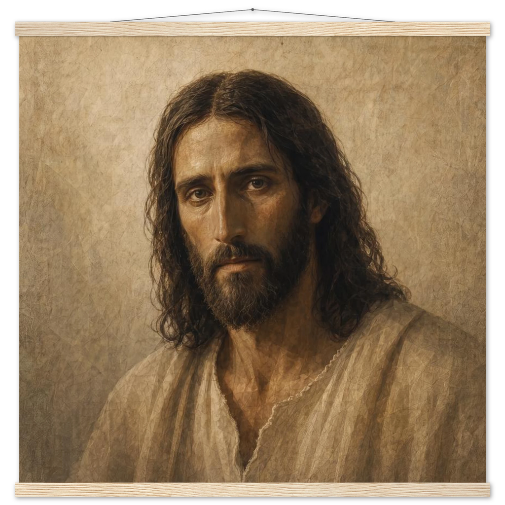 Pôster Kind Eyes com suporte de madeira, retrato sereno de Jesus em luz quente