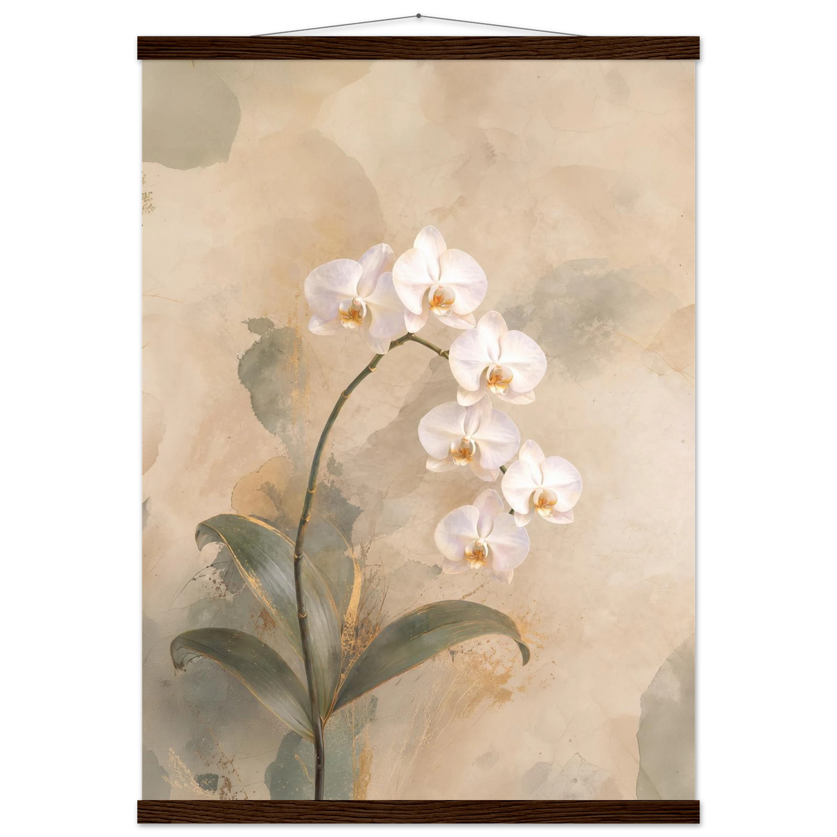 Orchid Luminance: botanical, pale gold and floral art. Fine art poster with wooden hanger by The Light Stays.