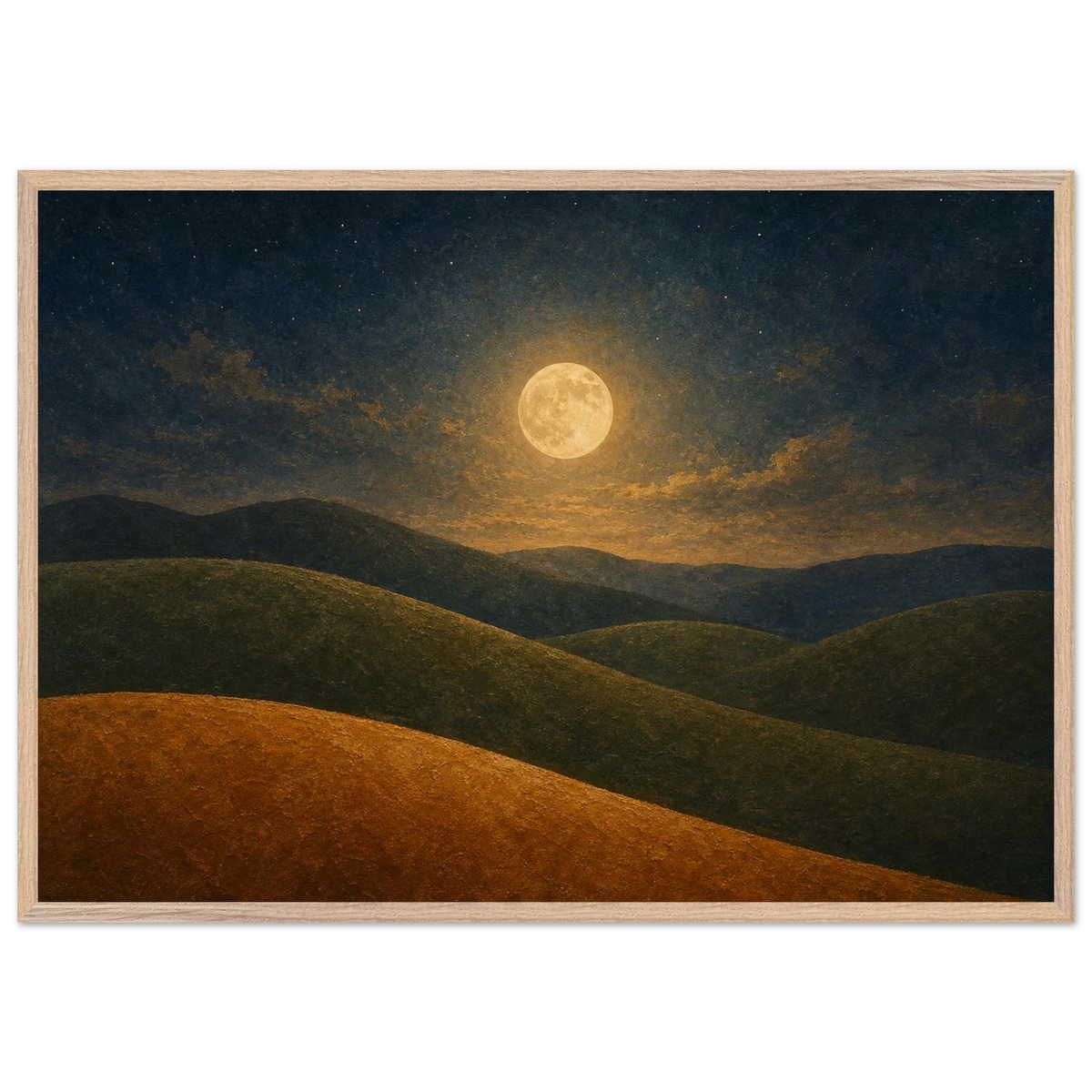 Moon Hills: night, minimalist landscape and charcoal. Framed fine art print by The Light Stays.