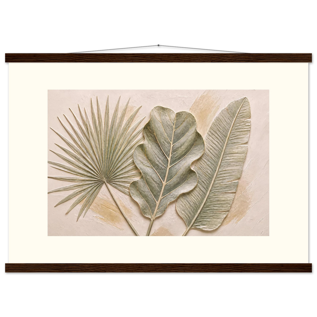 Three Leaves, botanical and nature. Archival fine art poster shown framed.