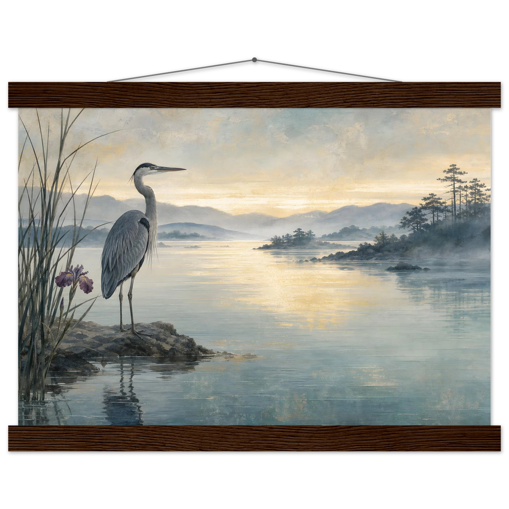 Heron at Dawn: japanese art and japandi. Fine art poster, alternate frame and size.