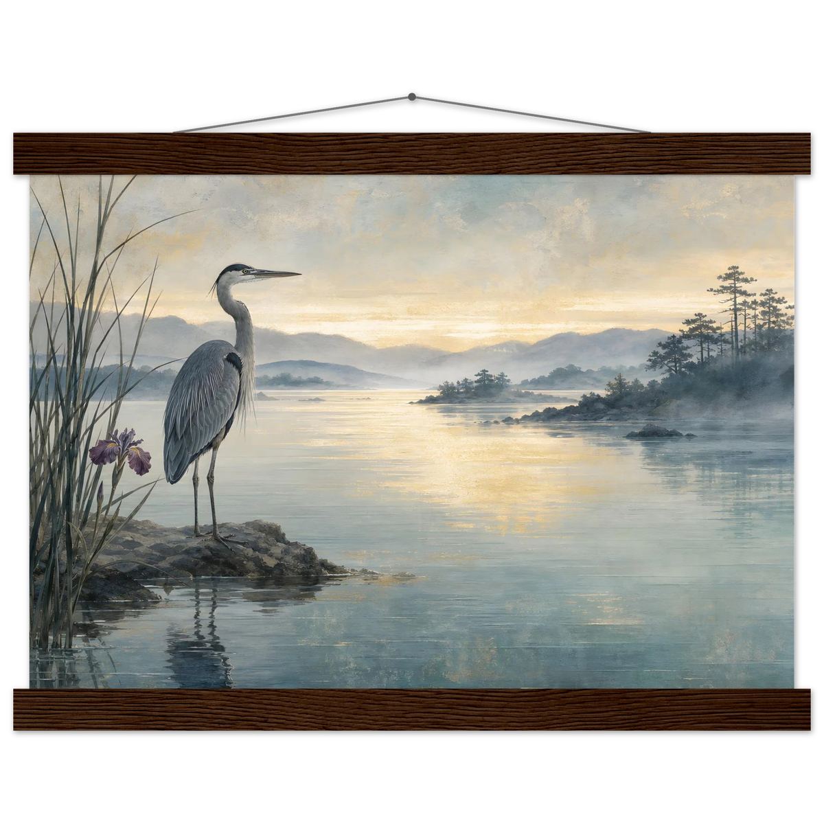 Heron at Dawn: japanese art and japandi. Fine art poster, alternate frame and size.