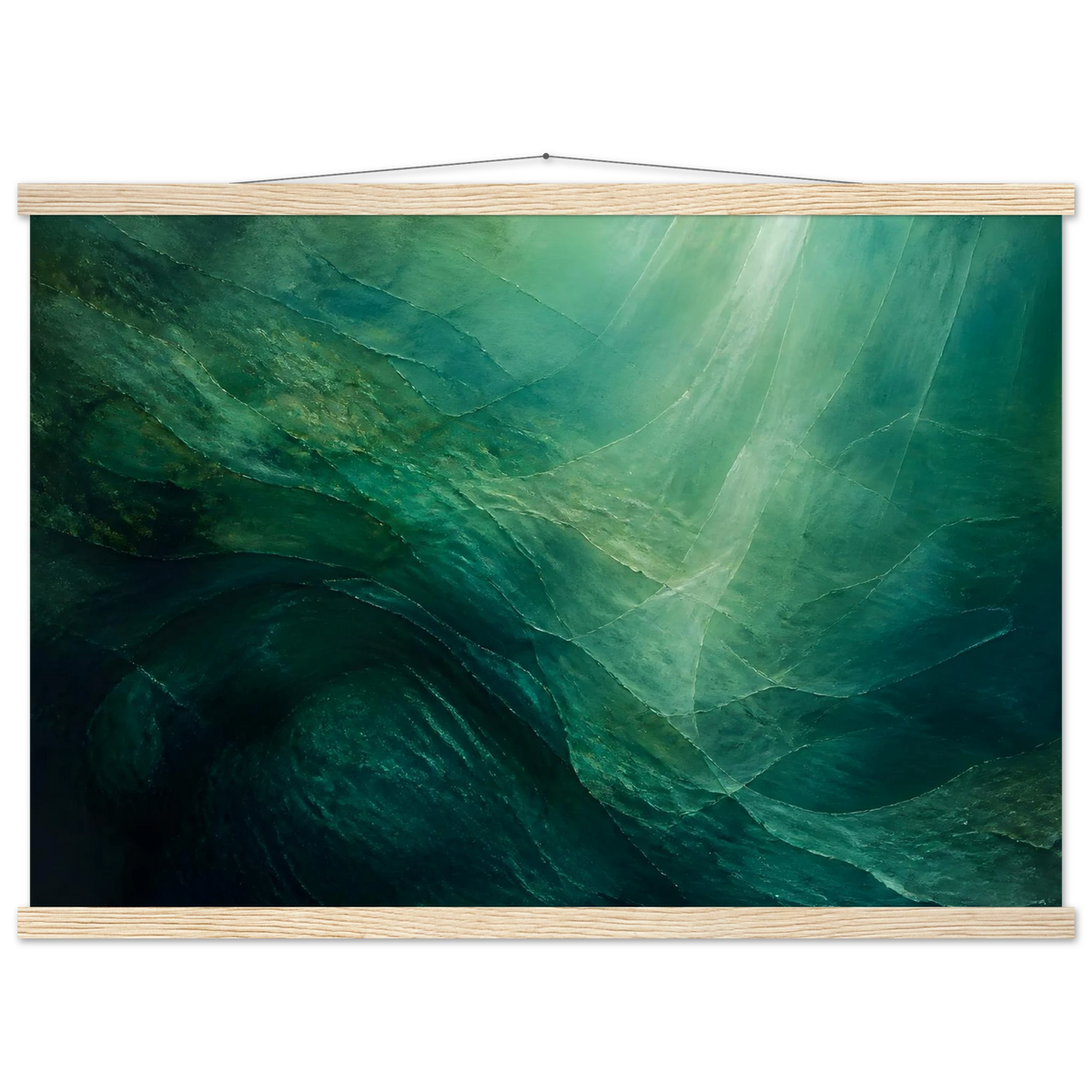 Jade Undertow: ocean, marine abstract and mineral green. Fine art poster with wooden hanger by The Light Stays.