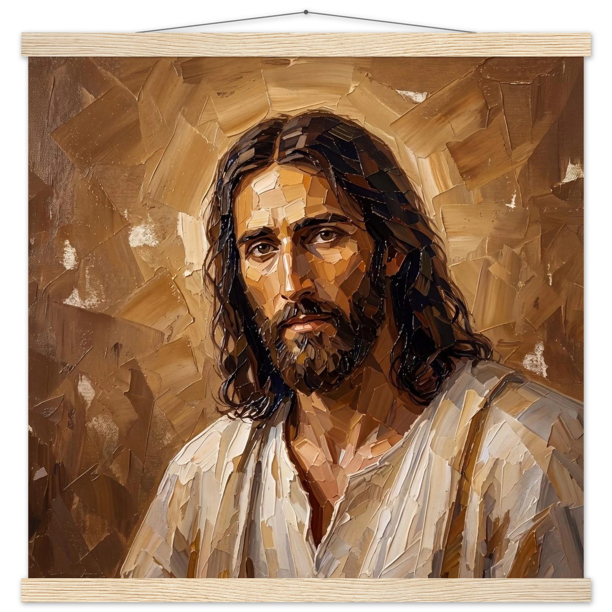 Kind Eyes: jesus, faith and serene gaze. Fine art poster with wooden hanger by The Light Stays.