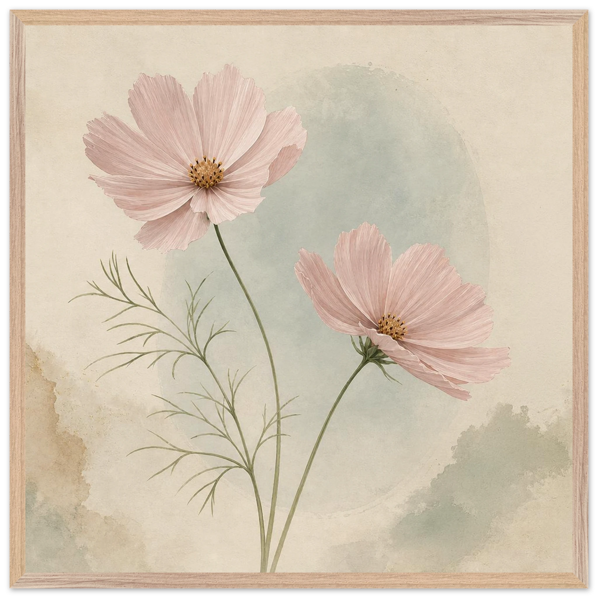 Cosmos Unison: flowers, blush and celadon. Framed fine art print by The Light Stays.