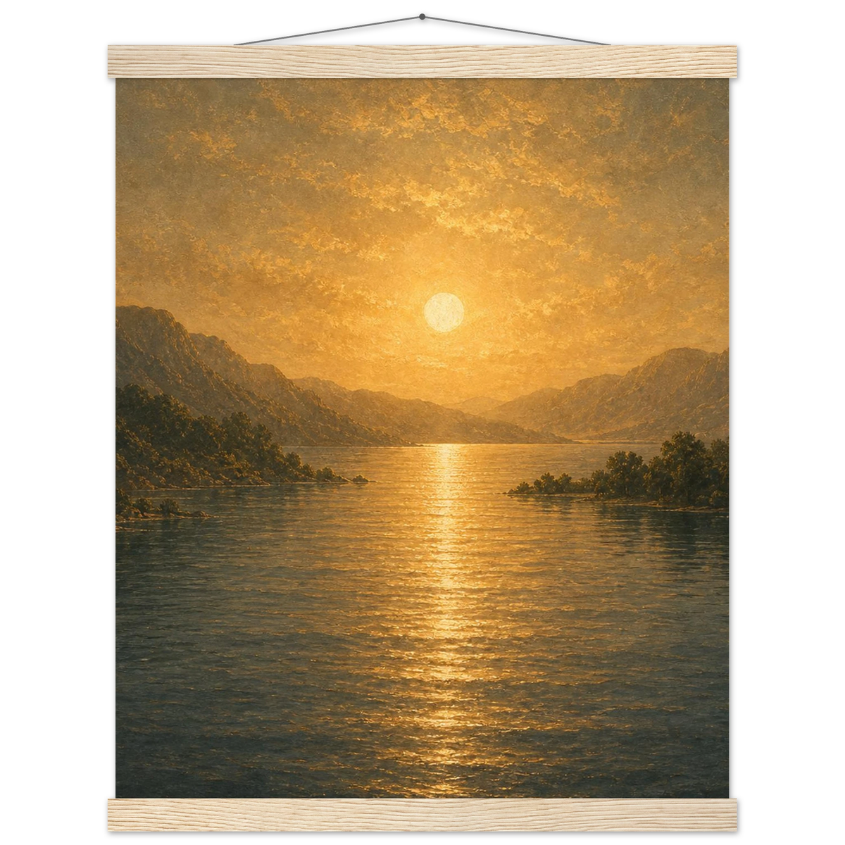 Golden Reflection: lake, sunset and mountains. Fine art poster with wooden hanger by The Light Stays.