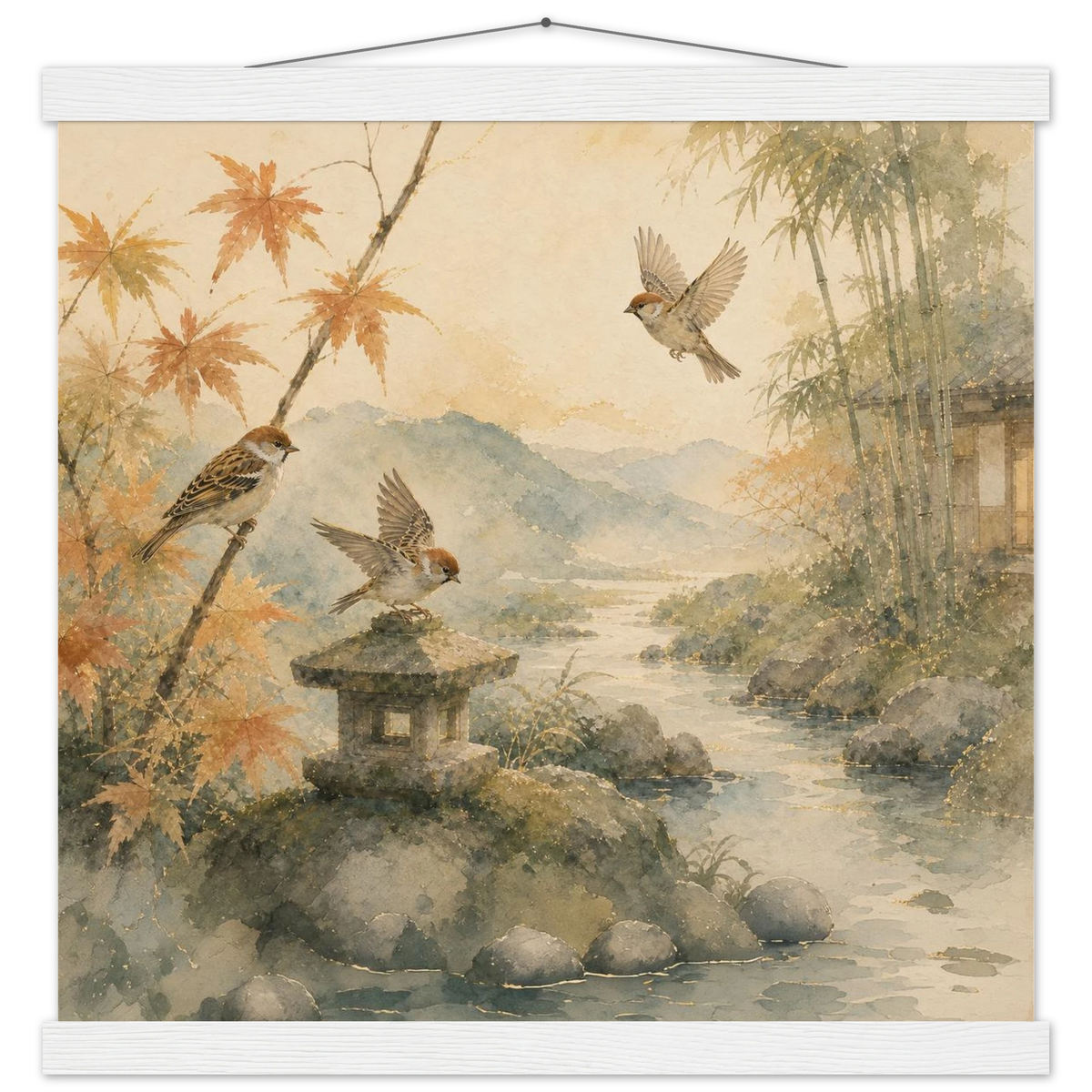 Three Birds Morning: birds, japanese landscape and japandi. Fine art poster with wooden hanger by The Light Stays.