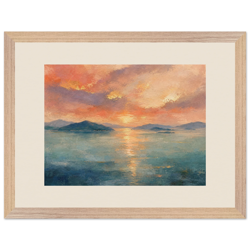 Setouchi Peach Dawn: riviera and japandi. Framed fine art print by The Light Stays.