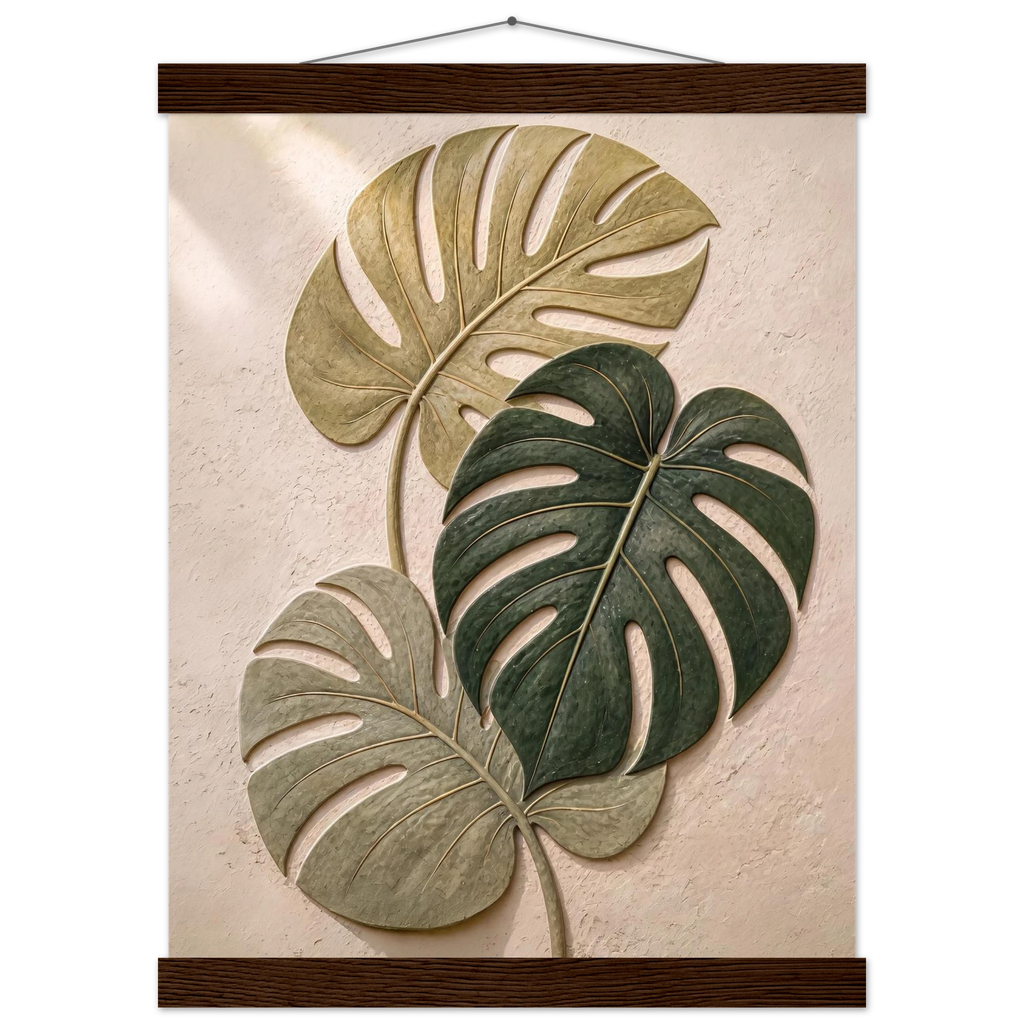 Stone Monstera, botanical and nature. Archival fine art poster shown framed.