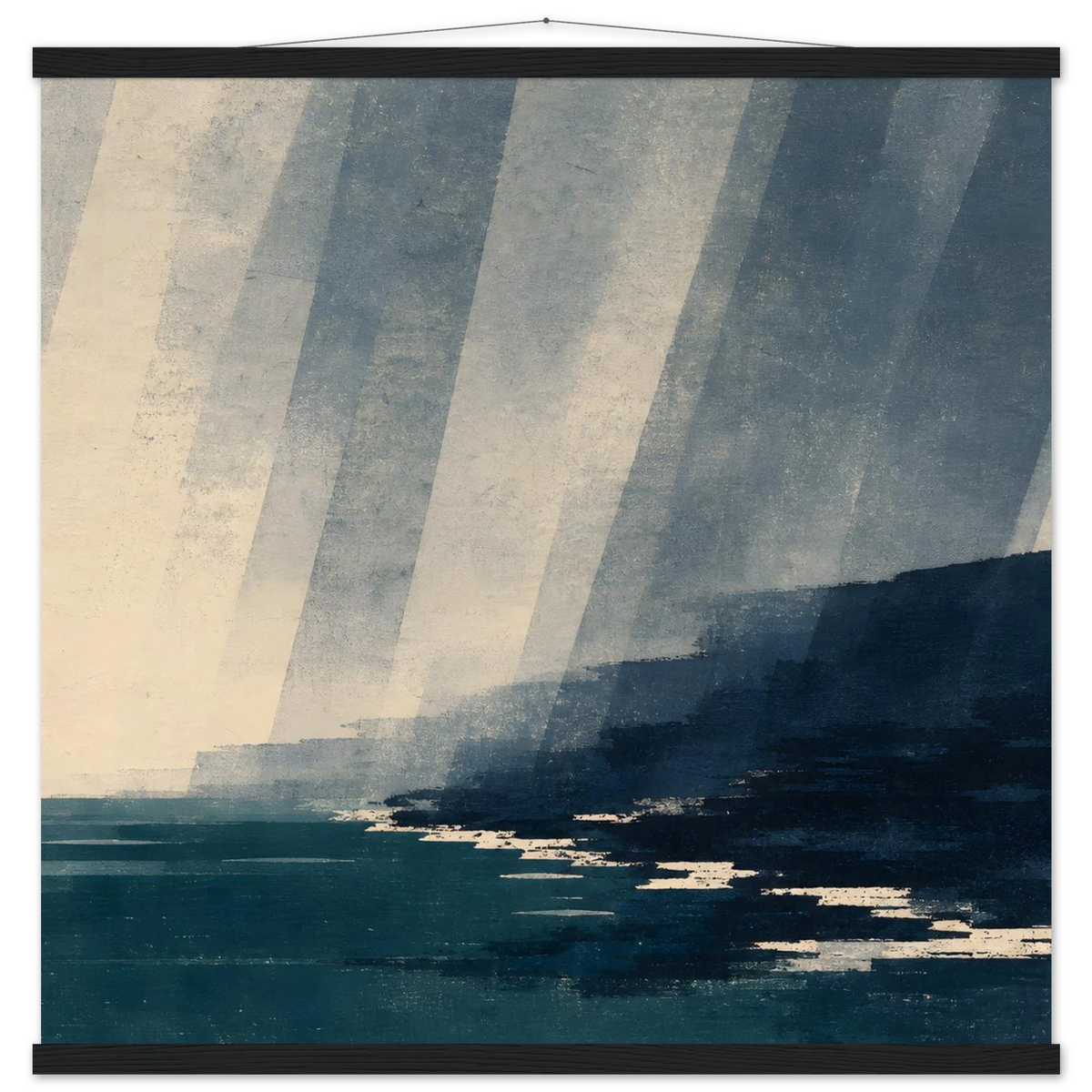 Rain Coast: japandi, teal blue and atmosphere. Fine art poster with wooden hanger by The Light Stays.