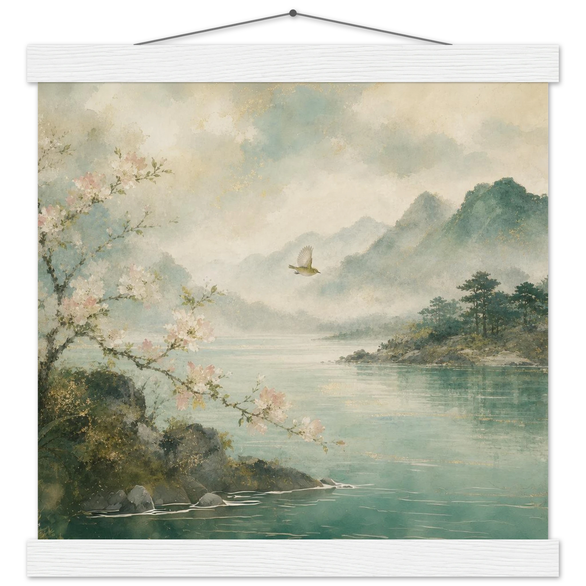 Celadon Flight: birds, japanese landscape and japandi. Fine art poster with wooden hanger by The Light Stays.