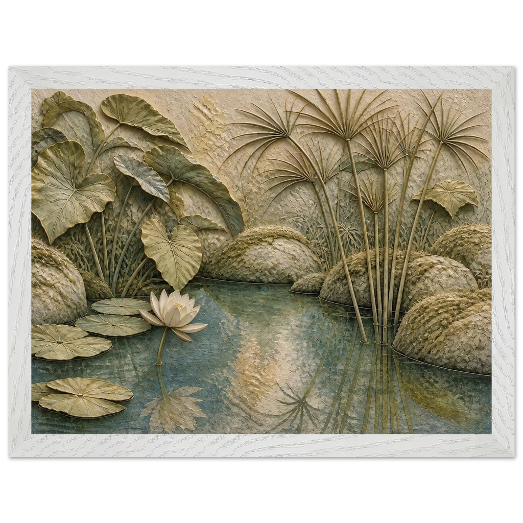 Papyrus Pond: lake, papyrus and serene greens. Museum-quality framed fine art print.